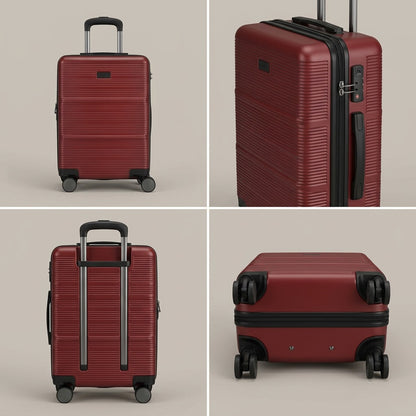 Four views of the Bugatti Brussels deep red hardside carry-on showing front, back, side, and wheels.