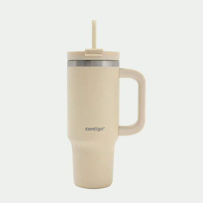 Contigo Streeterville 30 oz insulated tumbler in Oatmilk with handle, lid, and straw on white.