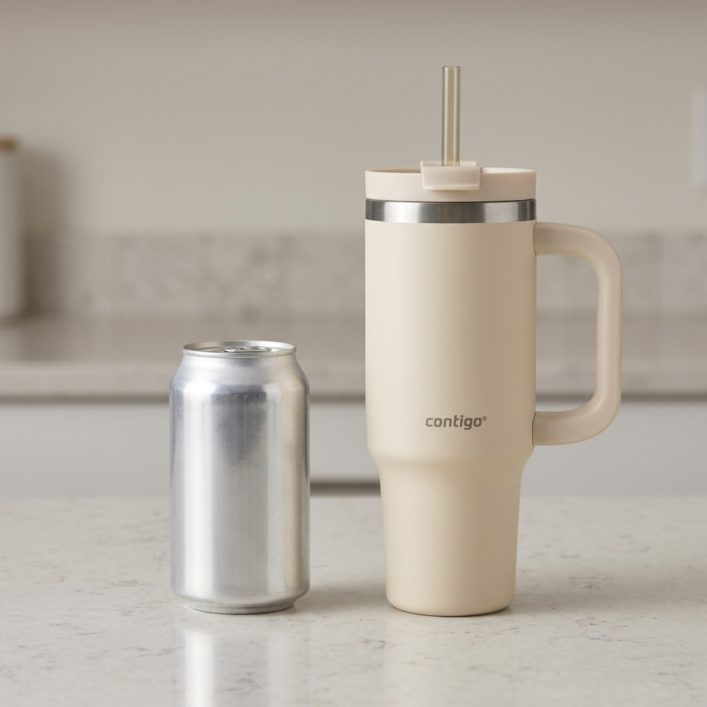 30 oz Contigo Streeterville Tumbler in Oatmilk shown next to a standard soda can for scale.