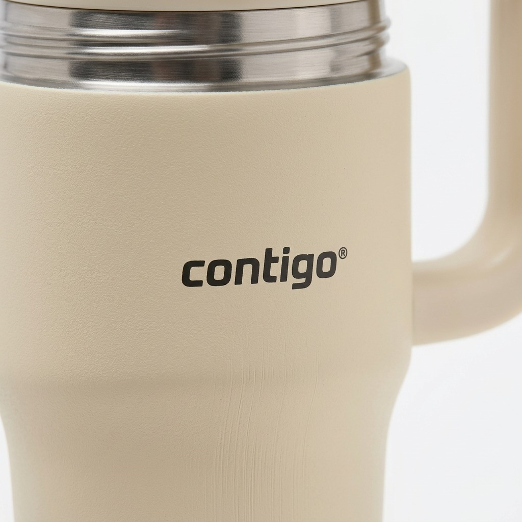 Macro detail of the Oatmilk Contigo Streeterville Tumbler logo and textured matte finish.
