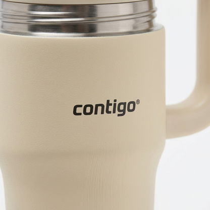Macro detail of the Oatmilk Contigo Streeterville Tumbler logo and textured matte finish.