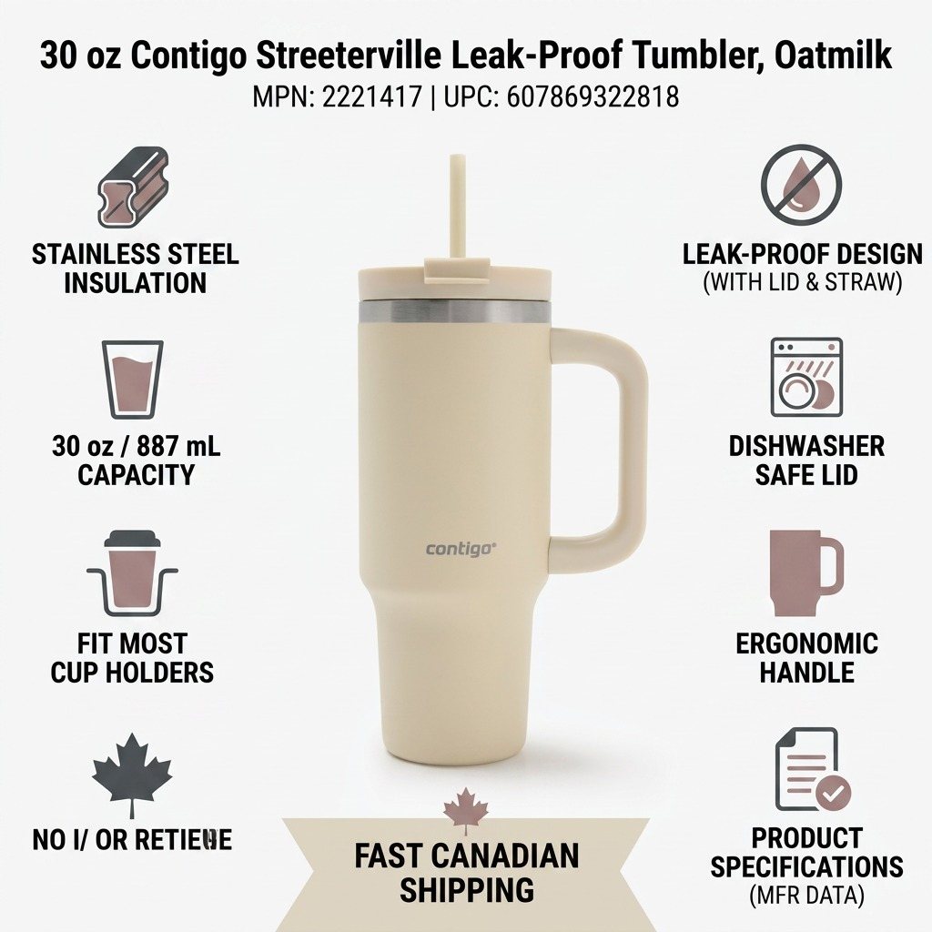 Contigo Streeterville 30oz Oatmilk Tumbler infographic detailing leak-proof lid, insulation, and cup holder fit.