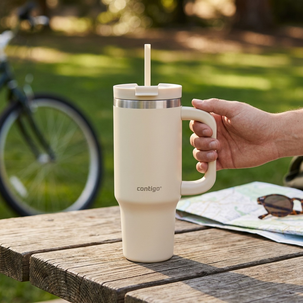 Hand holding a Contigo Streeterville oatmilk tumbler on a park table near a bike and a map.