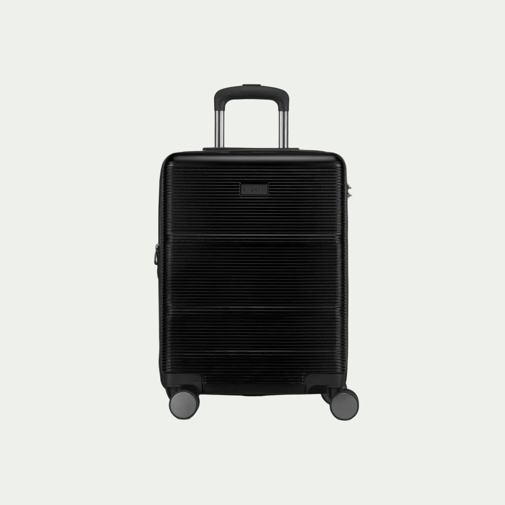 Bugatti Brussels hardside carry-on luggage in black with ribbed texture and spinner wheels.