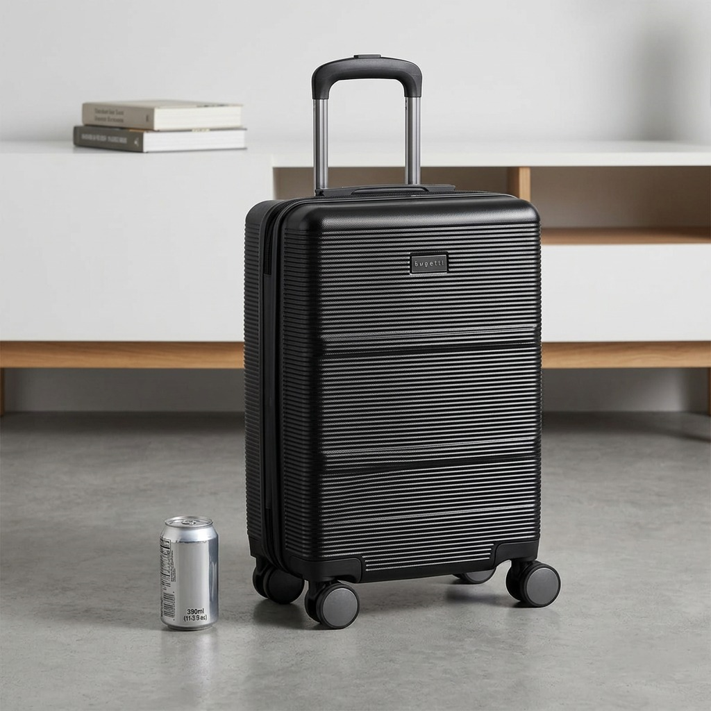 Black Bugatti Brussels hardside carry-on luggage shown next to a soda can for scale reference.
