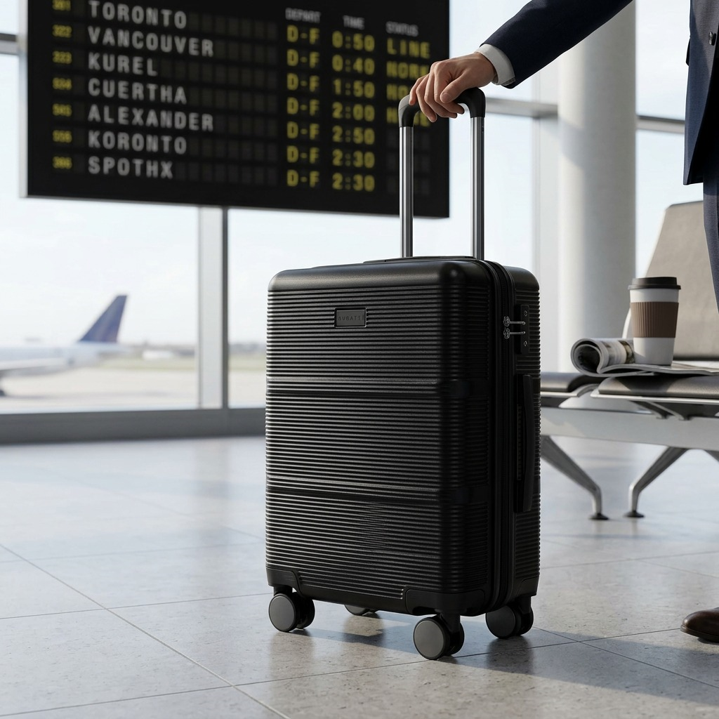 Black Bugatti Brussels hardside carry-on luggage held by a traveler in an airport terminal.