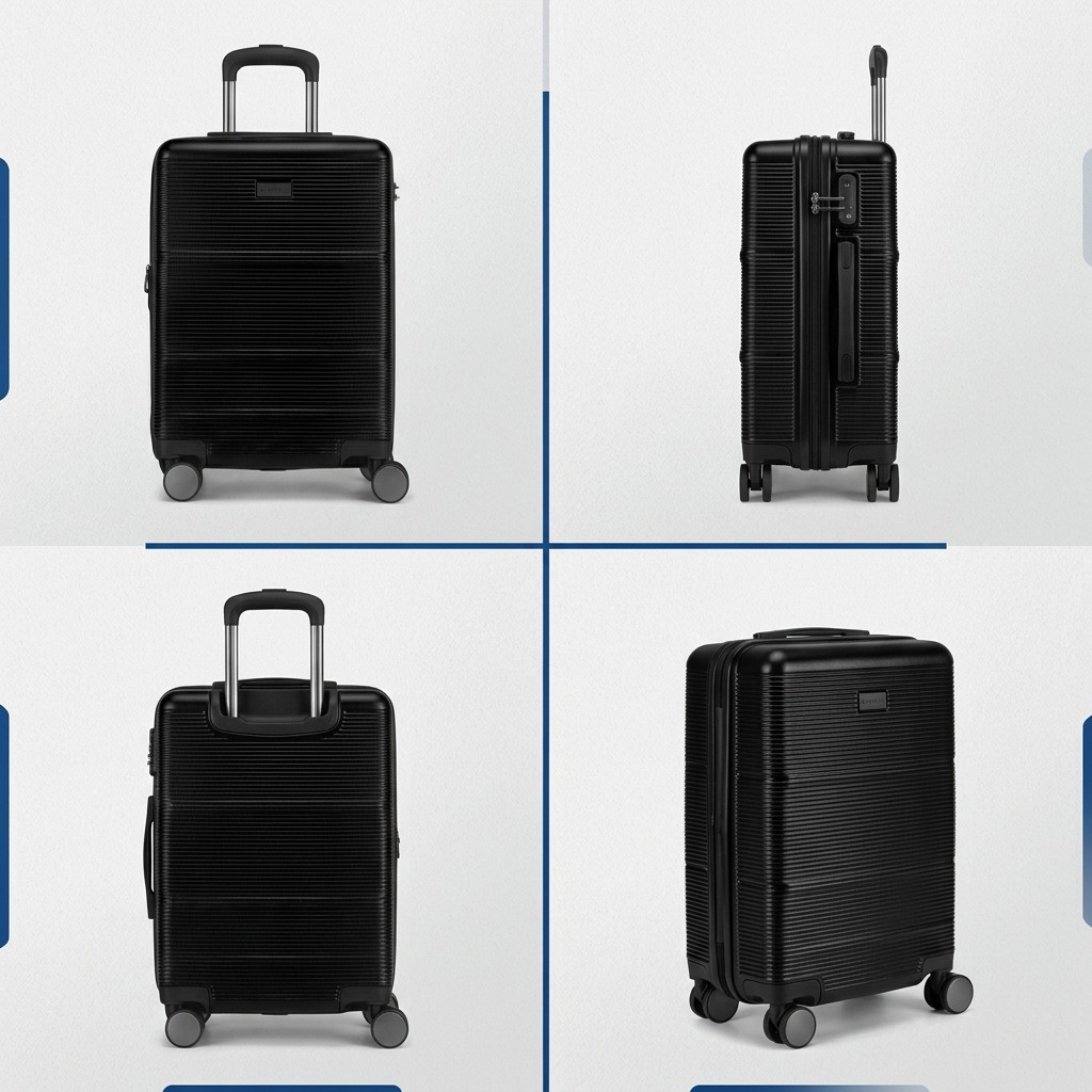 A four-way grid view of the black Bugatti Brussels hardside carry-on from multiple angles.