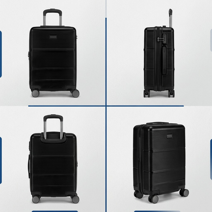 A four-way grid view of the black Bugatti Brussels hardside carry-on from multiple angles.