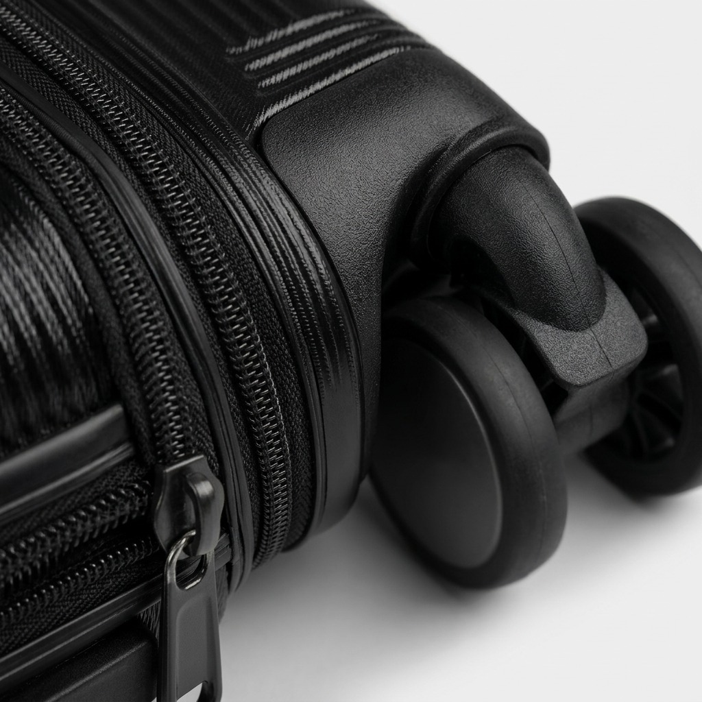 Close-up of Bugatti Brussels hardside luggage showing 360-degree spinner wheels and zipper detail.
