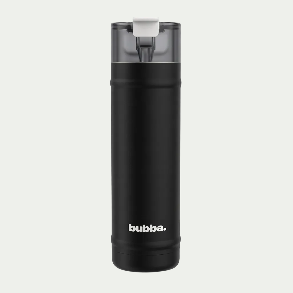 A high-resolution, centered image of a glossy black 24 oz bubba DualSip bottle with its smoke gray cap.