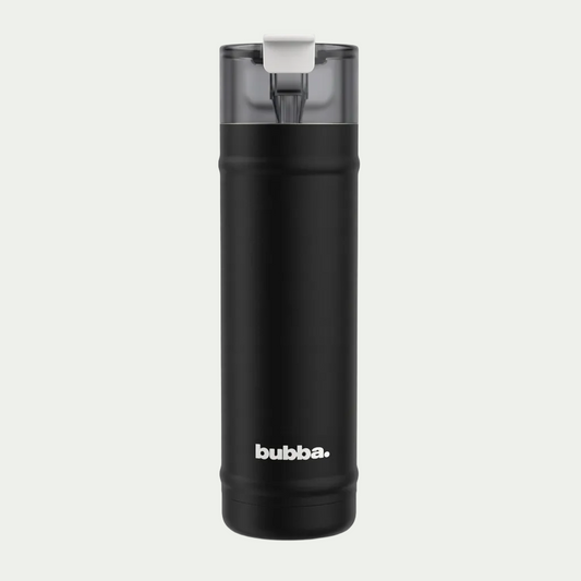 A glossy black 24 oz bubba DualSip bottle with its smoke gray cap.