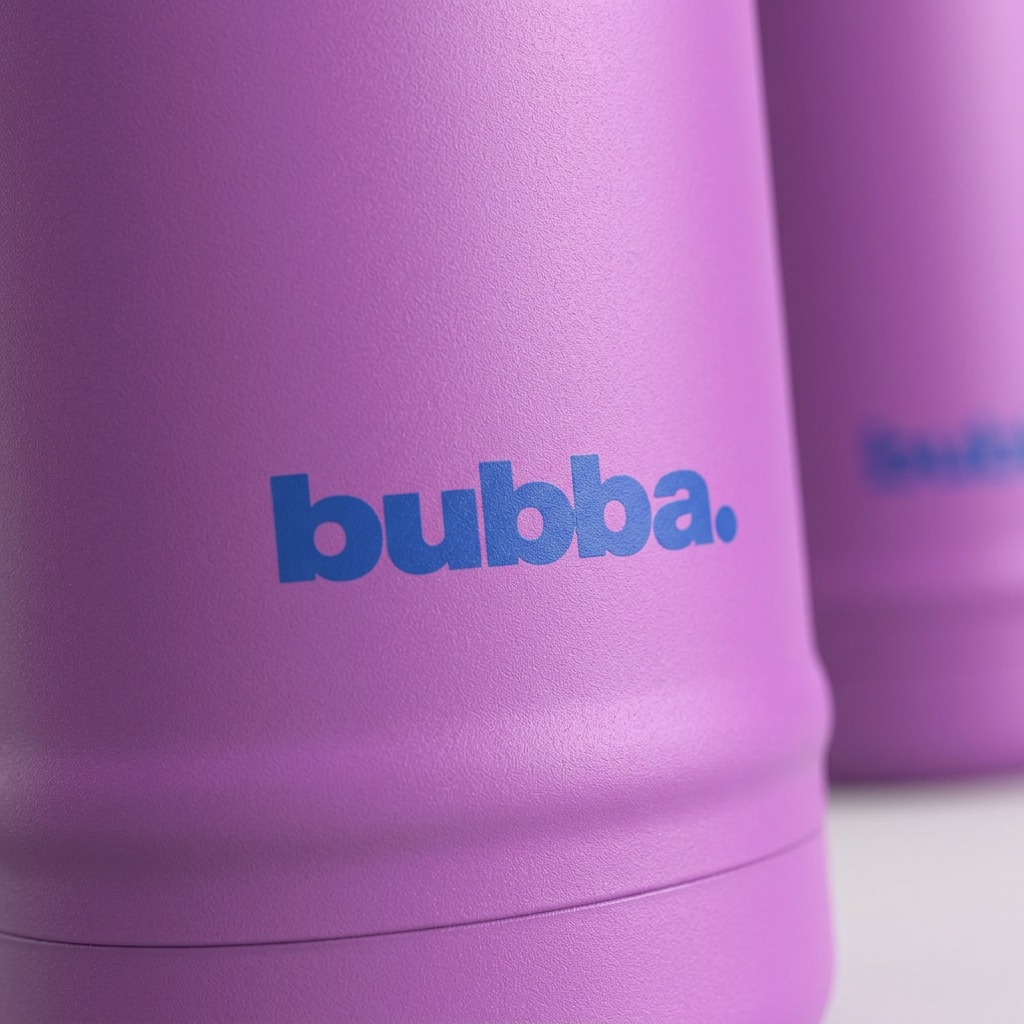 Close-up view of the purple Bubba water bottle's textured surface and logo