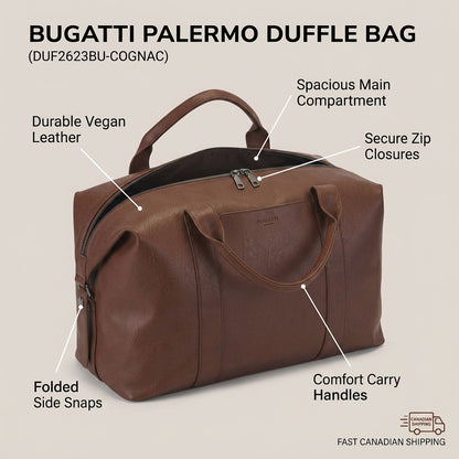 Bugatti Palermo Duffle Bag in cognac vegan leather showing zip closures, handles, and side snaps.