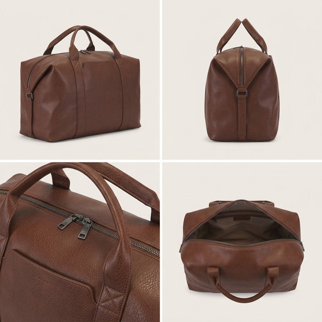 Four-view grid of the Bugatti Palermo cognac vegan leather duffle bag showing side, end, and open top.