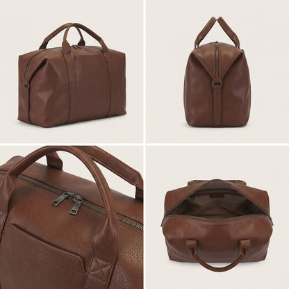 Four-view grid of the Bugatti Palermo cognac vegan leather duffle bag showing side, end, and open top.