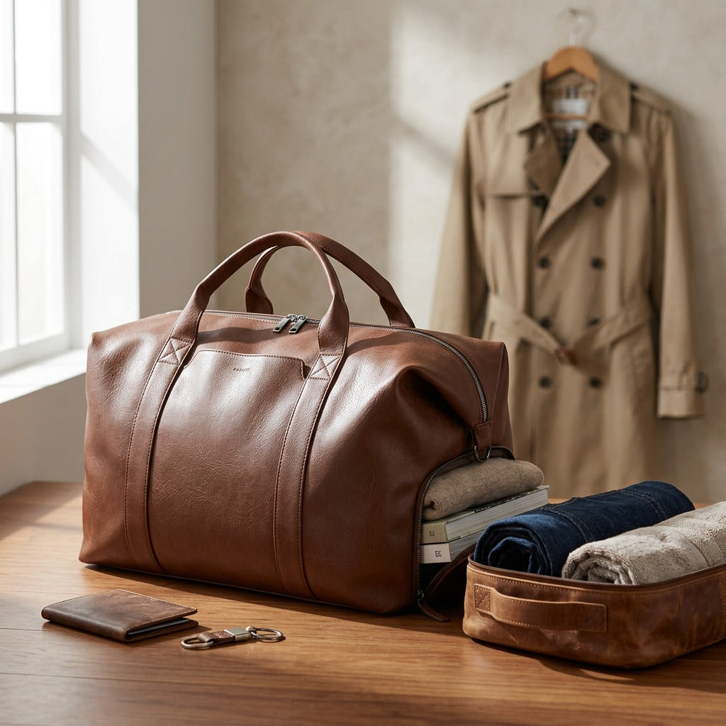 Bugatti Palermo Cognac vegan leather duffle bag on a wooden table with clothes and a wallet.