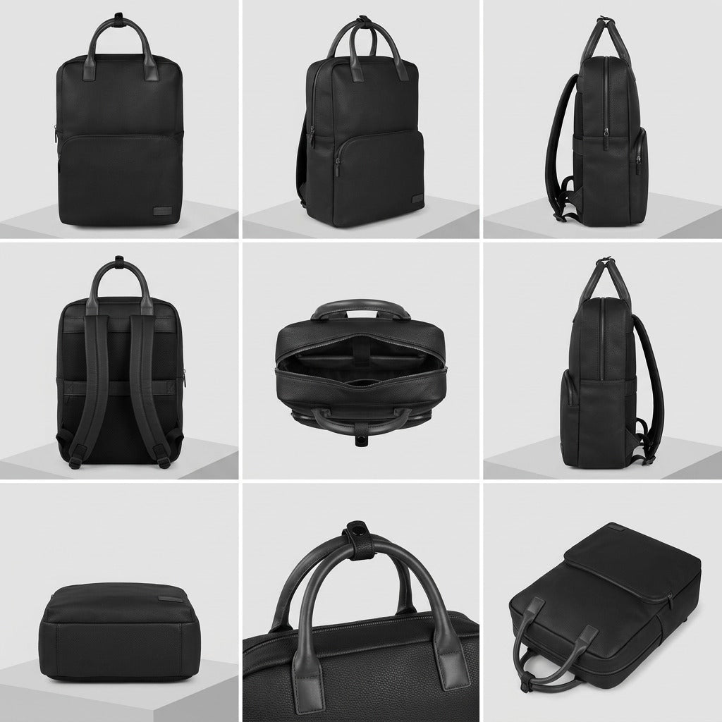 Grid showing multiple angles of the black Bugatti Contrast vegan leather backpack and its interior.