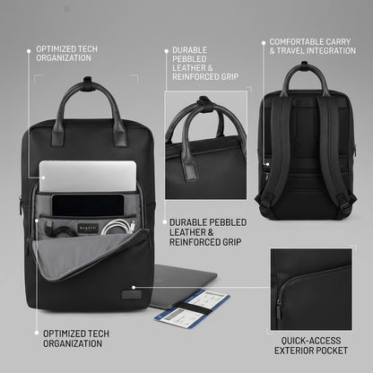 Bugatti Contrast Backpack feature diagram showing tech organization, pebbled leather, and travel trolley strap.