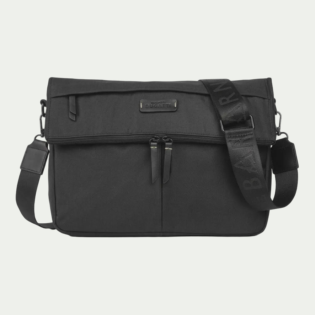 Bugatti Reborn black crossbody bag with adjustable shoulder strap and recycled rPET fabric.