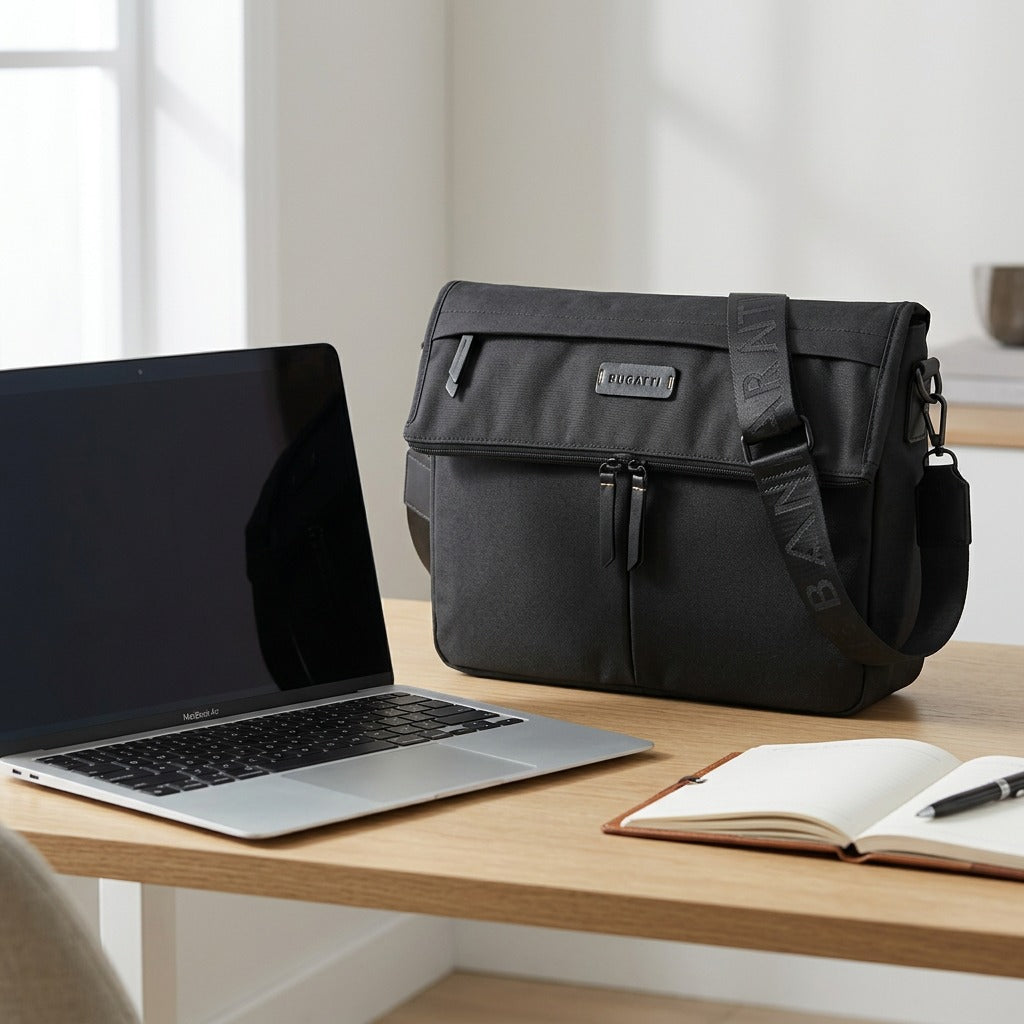 Bugatti Reborn black crossbody bag shown on a desk next to a laptop and notebook for scale.