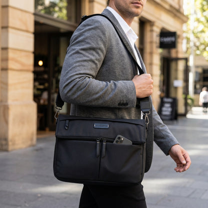 A person wearing a grey blazer carries the black Bugatti Reborn Crossbody Bag on a city street.
