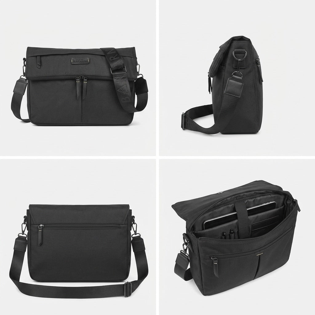 Four-panel view of the black Bugatti Reborn Crossbody Bag showing front, side, back, and open interior.