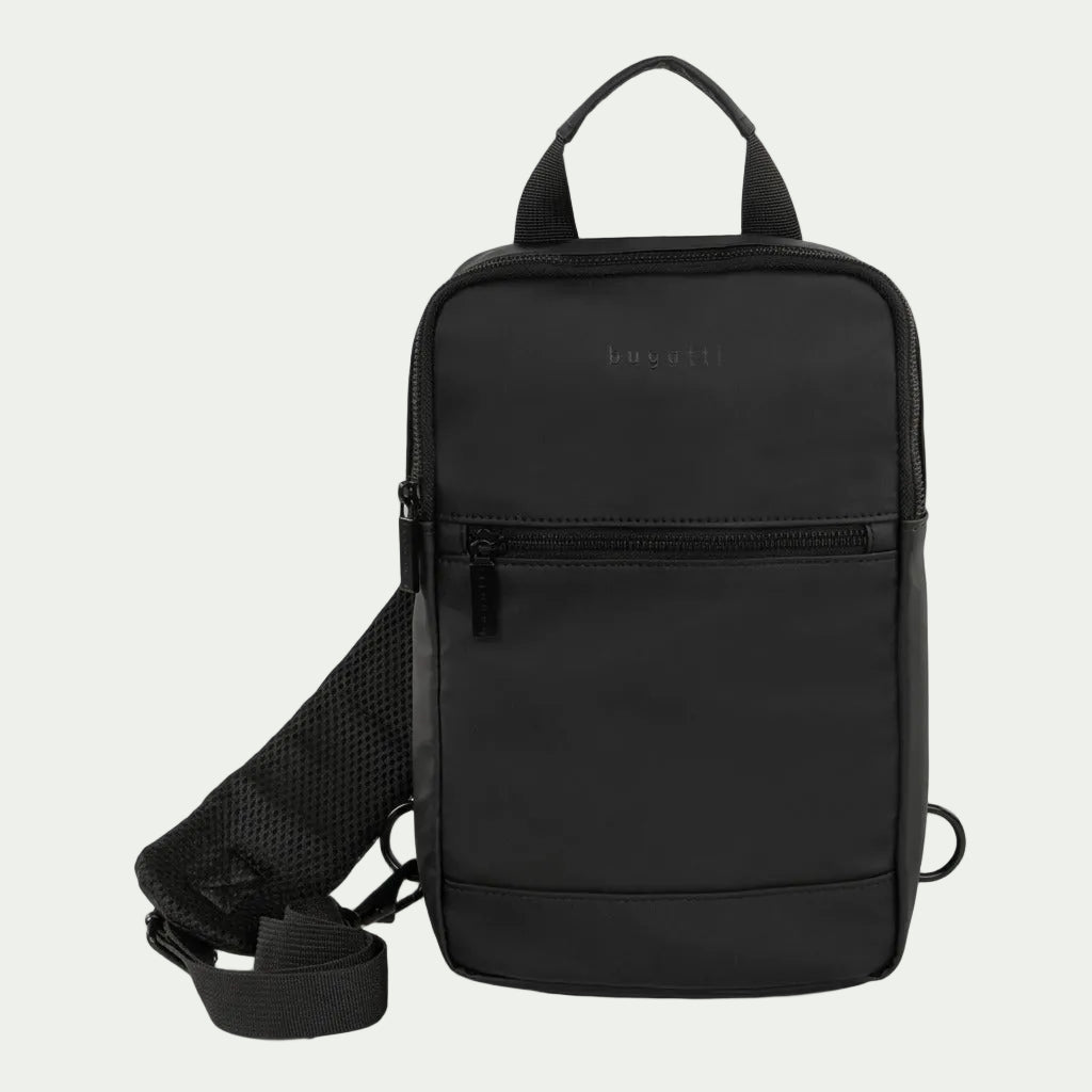 Bugatti Mile End black sling bag in matte water-resistant material with mesh strap and top handle.