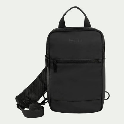 Bugatti Mile End black sling bag in matte water-resistant material with mesh strap and top handle.