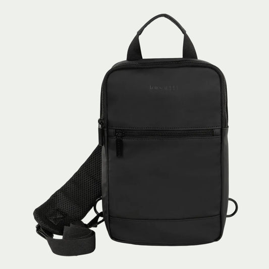 Bugatti Mile End black sling bag in matte water-resistant material with mesh strap and top handle.