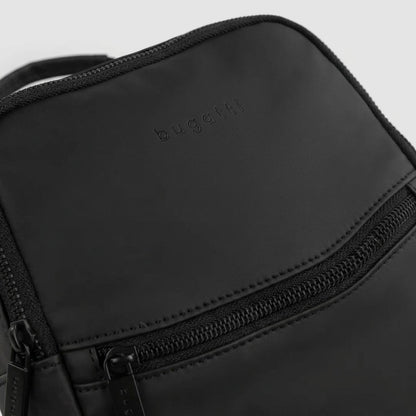 Close-up of the Bugatti Mile End sling bag in black matte water-resistant fabric with debossed logo.