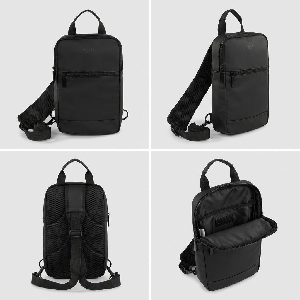 Four-view grid of the Bugatti Mile End black sling bag showing front, side, mesh back, and open main compartment.