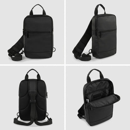 Four-view grid of the Bugatti Mile End black sling bag showing front, side, mesh back, and open main compartment.