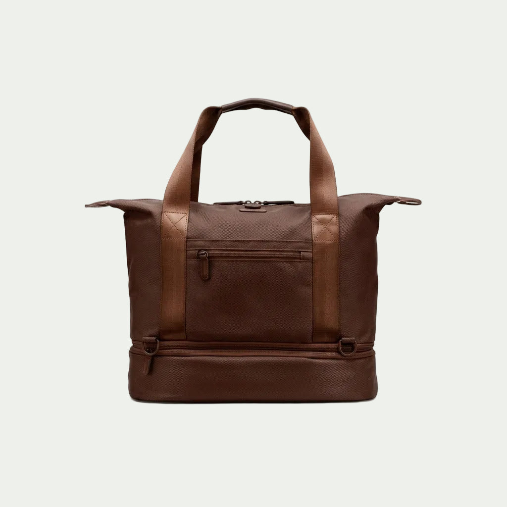 Bugatti Raphael 4-in-1 brown convertible laptop tote bag with textured fabric and dual top handles.