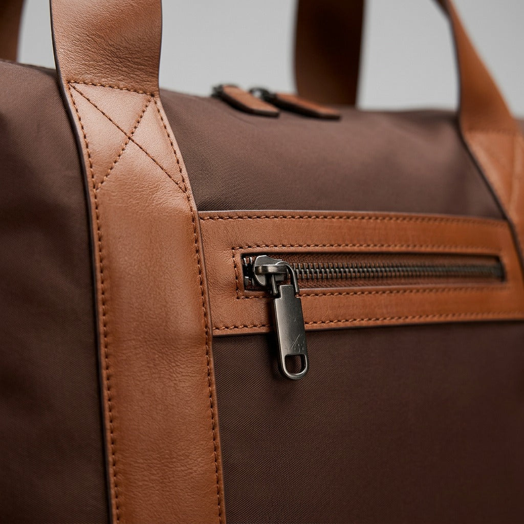 Macro detail of Bugatti Raphael Tote showing brown water-resistant fabric and tan leather trim.