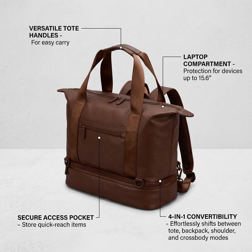 Brown Bugatti Raphael 4-in-1 Tote Bag feature callouts: handles, laptop pocket, and 4-way convertibility.