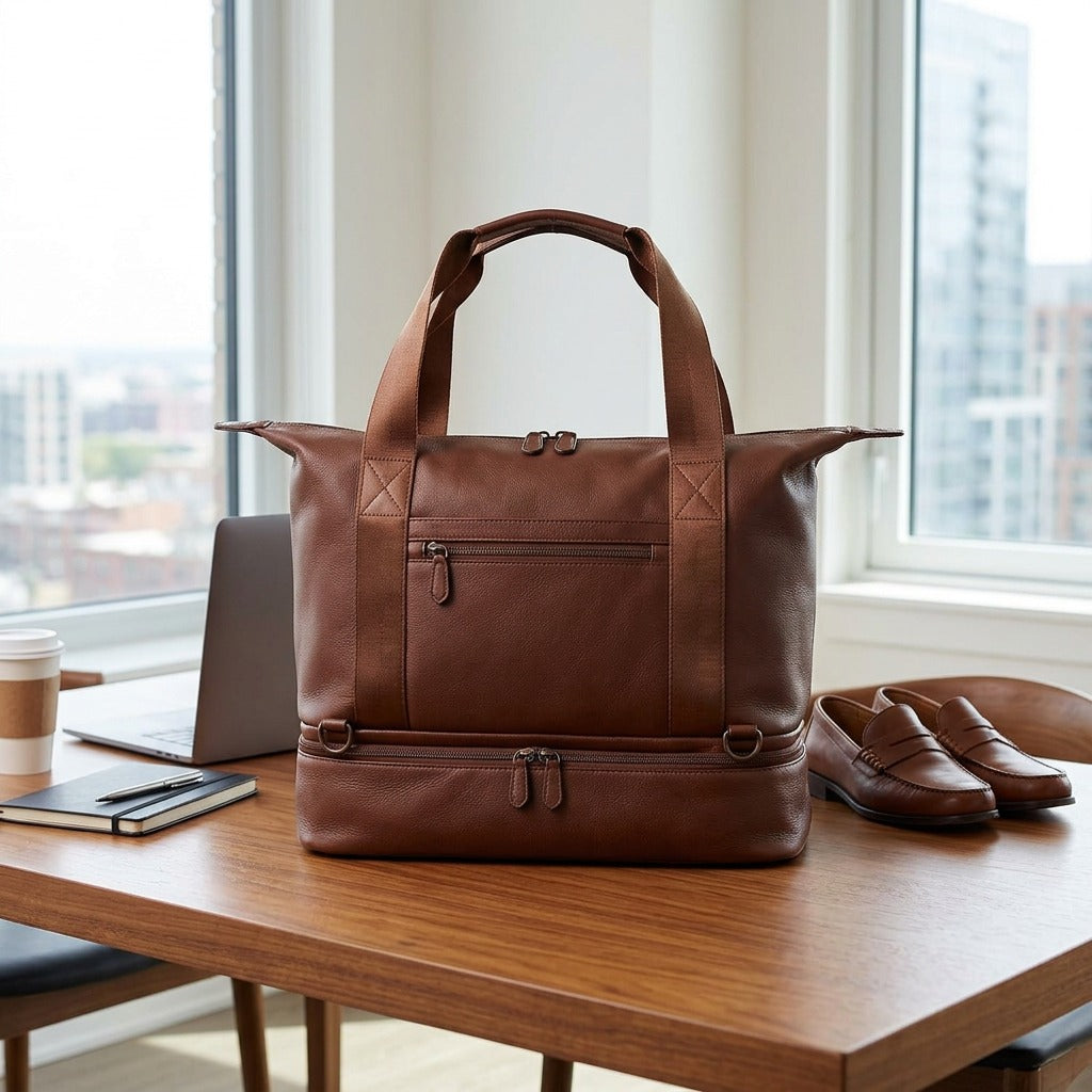 Brown Bugatti Raphael 4-in-1 Tote Bag on a wooden desk with a laptop, notebook, and loafers.