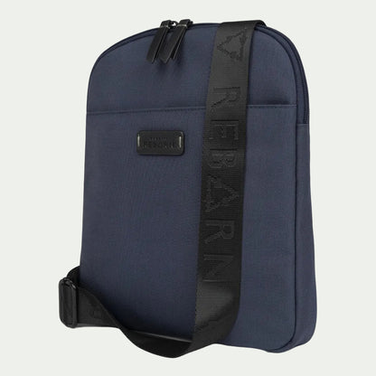 Bugatti Reborn Navy Slim Crossbody Bag made of sustainable material with a branded black strap.