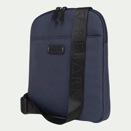 Bugatti Reborn Navy Slim Crossbody Bag made of sustainable material with a branded black strap.