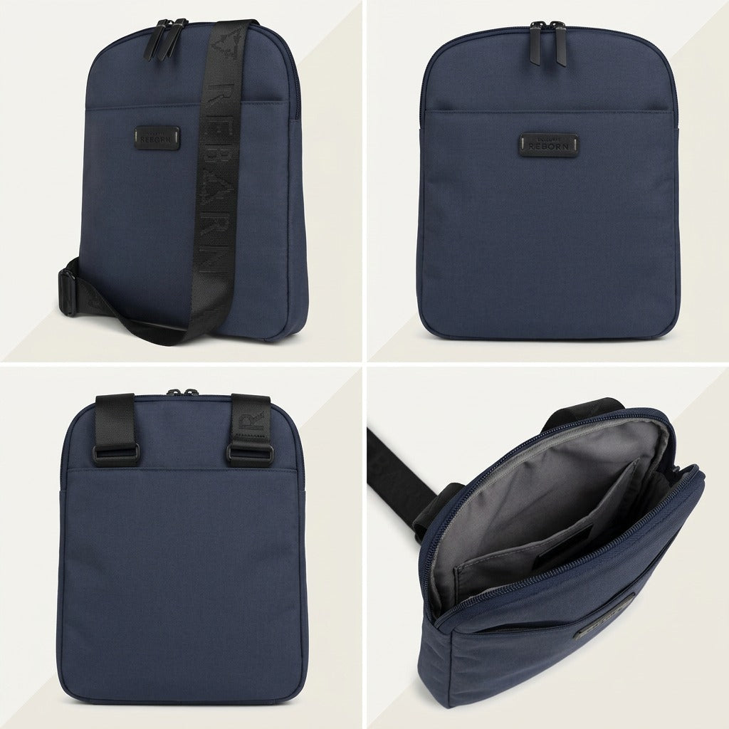 Grid showing four angles of the navy Bugatti Reborn Slim Crossbody bag, including interior pockets.