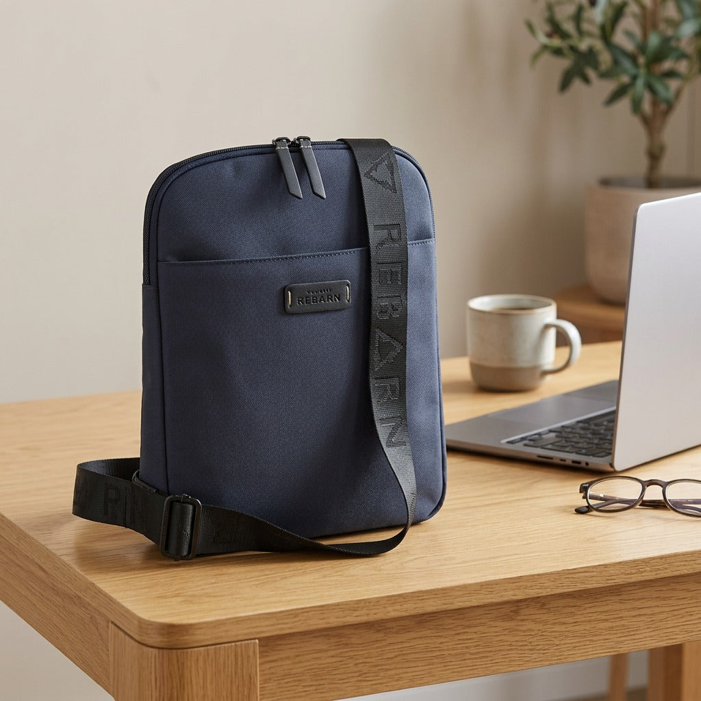 Bugatti Reborn navy slim crossbody bag on a wooden desk with a laptop, coffee mug, and glasses.