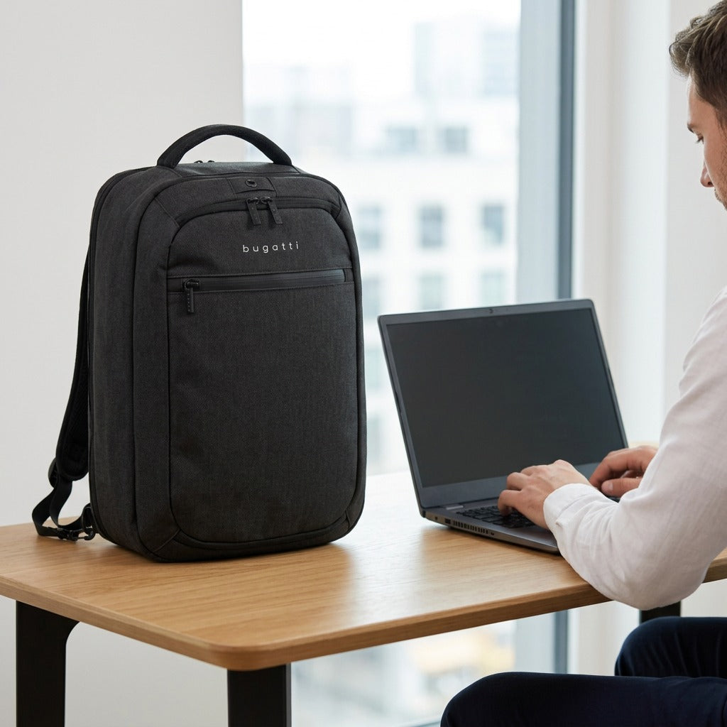 Bugatti Traveller charcoal laptop backpack on a desk next to a person using a laptop for scale.