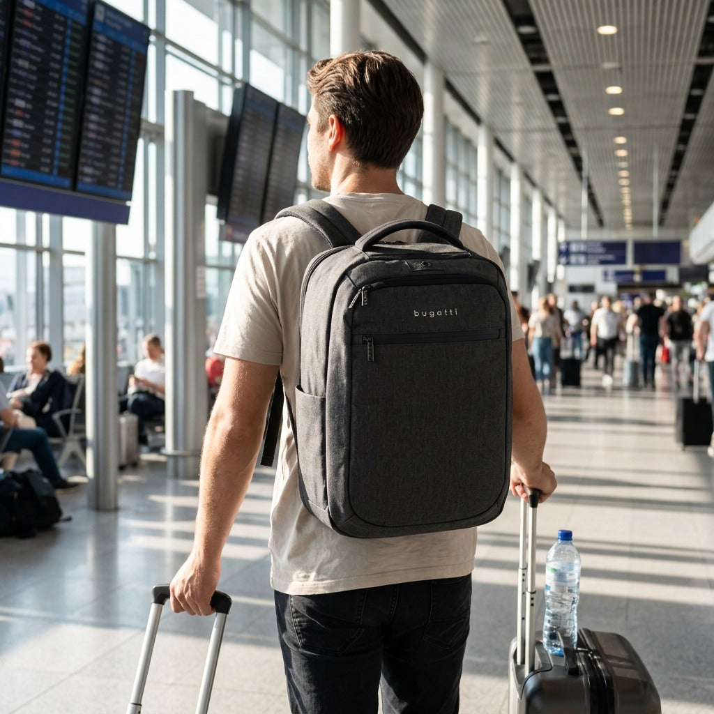 A person wearing a Bugatti Traveller charcoal laptop backpack while walking through an airport.
