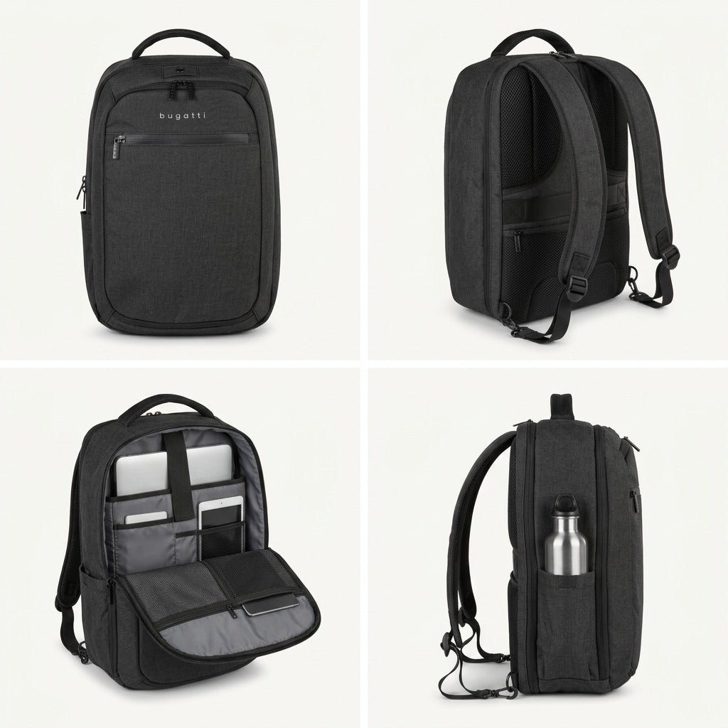 Four-way view of the Bugatti Traveller 15.6 inch charcoal grey backpack showing front, back, side water bottle pocket, and organized laptop interior.