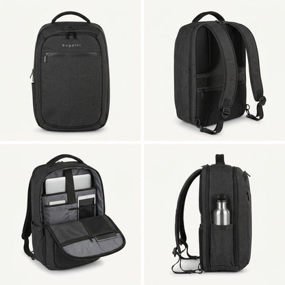 Four-way view of the Bugatti Traveller 15.6 inch charcoal grey backpack showing front, back, side water bottle pocket, and organized laptop interior.