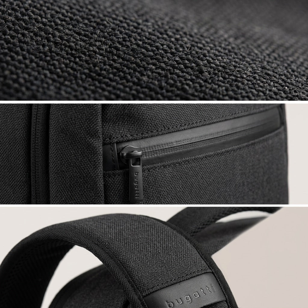 Macro detail of Bugatti Traveller backpack showing textured grey fabric, water-resistant zipper, and padded strap.