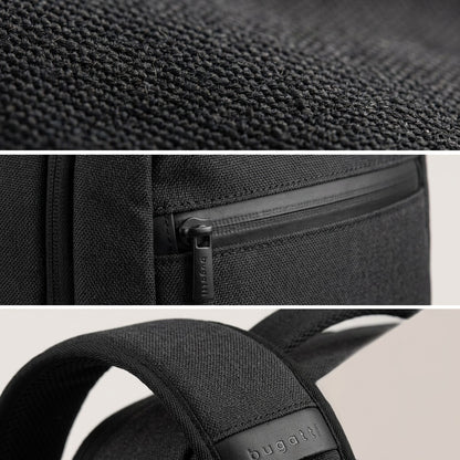 Macro detail of Bugatti Traveller backpack showing textured grey fabric, water-resistant zipper, and padded strap.