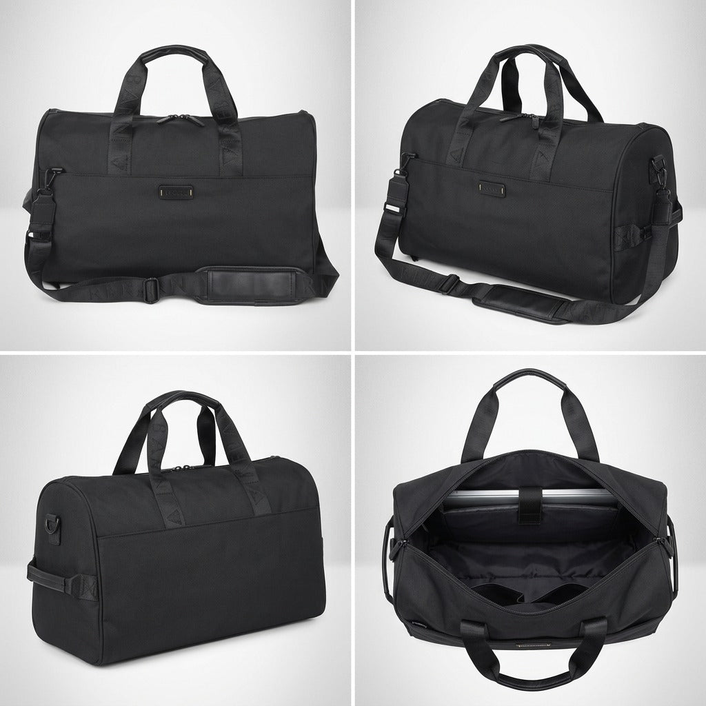 Four-panel view of the black Bugatti Reborn Duffle Bag showing front, side, and open interior views.