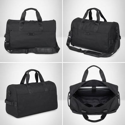 Four-panel view of the black Bugatti Reborn Duffle Bag showing front, side, and open interior views.