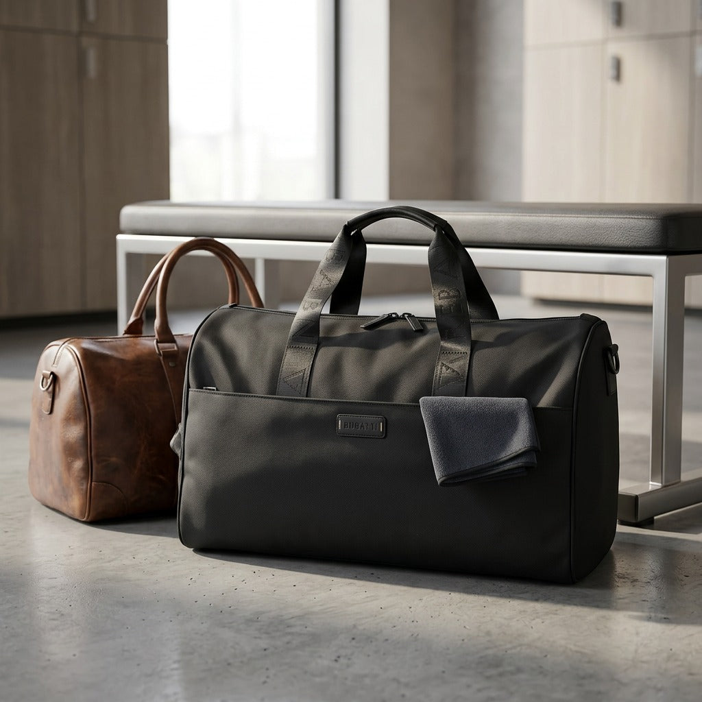 Black Bugatti Reborn convertible duffle bag on a locker room floor next to a leather bag and bench.