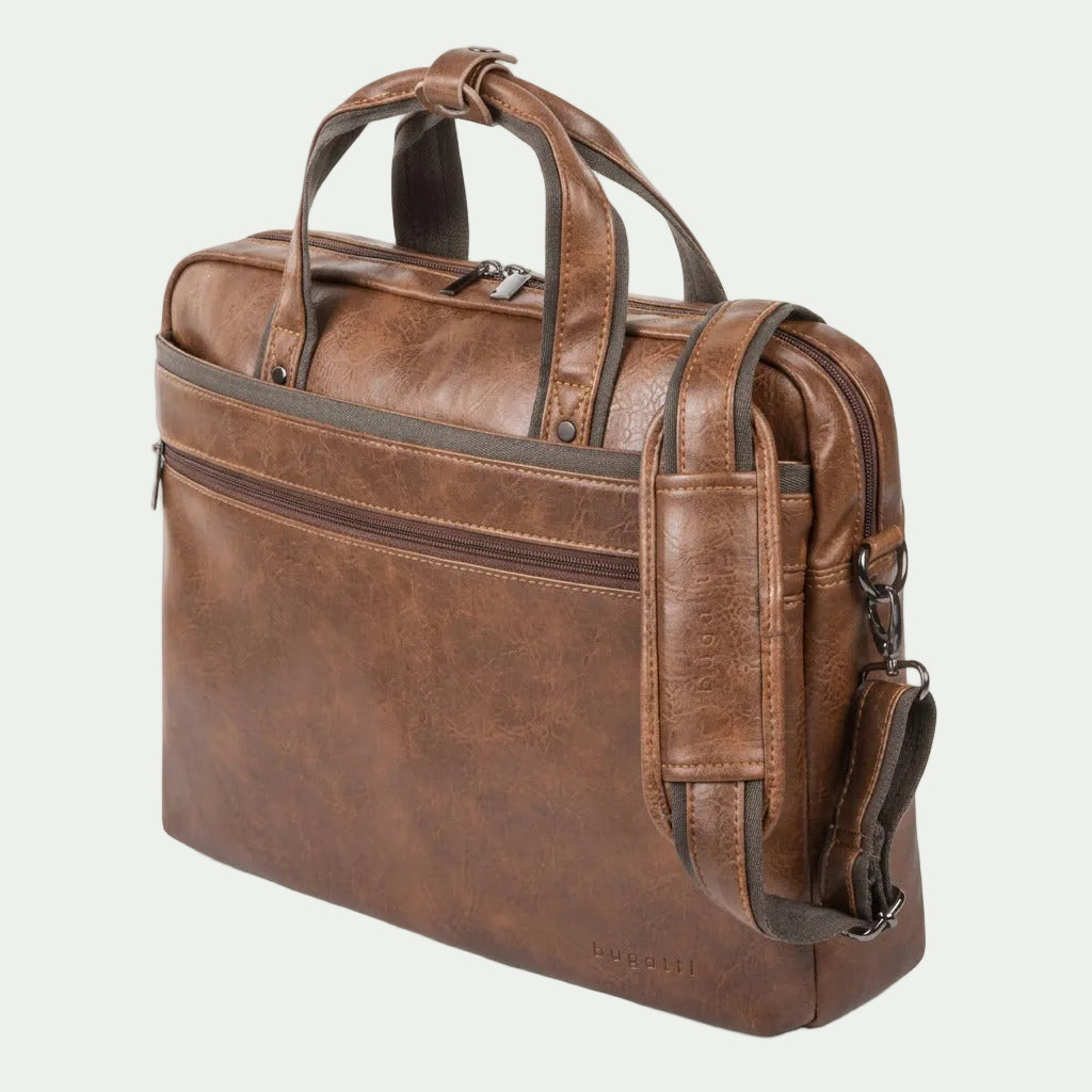 Bugatti Valentino cognac vegan leather briefcase with top handles and adjustable shoulder strap.